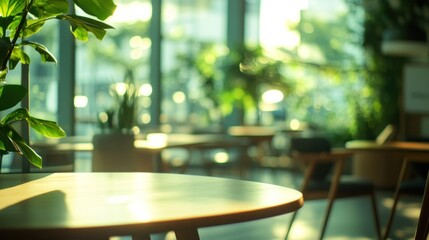 Aufkleber - Sunny cafe interior with blurred tables, chairs, plants.