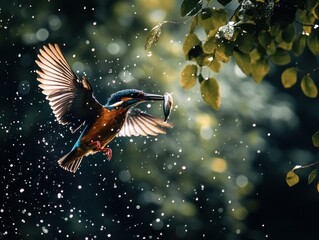 Aufkleber - Kingfisher bird flies with fish in its beak, bokeh background.