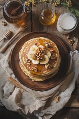 Poster - Pancakes, bananas, walnuts, honey, milk on a wooden table.