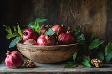 Poster - Pomegranates and walnuts in a wood bowl on a wooden surface.