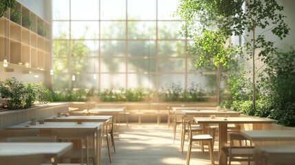 Aufkleber - Indoor restaurant with green plants and large windows.