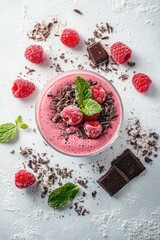 Poster - Top view pink smoothie, raspberries, chocolate, and mint on white surface.