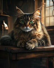 Poster - Maine Coon cat portrait with green eyes on wood surface.