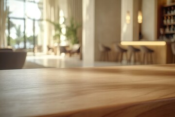 Aufkleber - Blurred cafe interior with wood counter in focus.