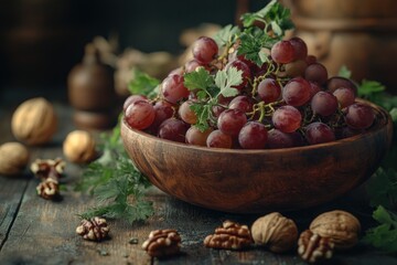 Poster - Red grapes and walnuts in a wooden bowl on wood.
