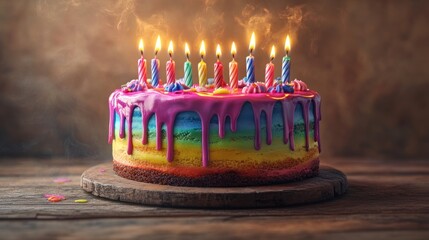 Poster - Rainbow cake with lit candles on a rustic wooden table.