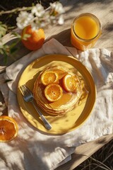 Poster - Pancakes with orange slices and syrup on a yellow plate with juice.