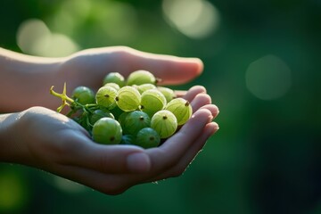 Poster - Child's hands hold fresh green gooseberries.