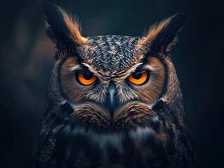 Poster - Closeup portrait of an owl with intense orange eyes.