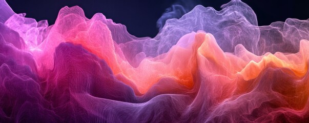 Poster - Abstract colorful smoke waves flowing gracefully in a dark background, showcasing vibrant shades of pink, purple, and orange, creating a dynamic and captivating visual effect
