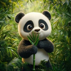Poster - Cute panda holding bamboo in jungle.