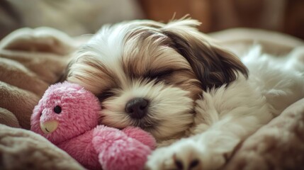 Wall Mural - Cute puppy sleeping with pink toy.