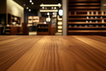 Poster - Blurred store interior, focus on wooden tabletop.