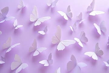 Poster - Many white paper butterflies on lavender background.