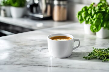 Poster - Coffee in white mug on marble counter.
