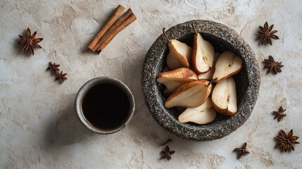 Poster - Pears in bowl with tea, cinnamon, anise on textured background.