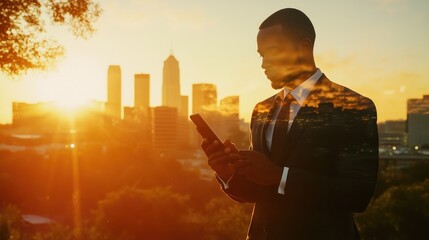 Aufkleber - Man with phone, skyline overlay, sunset.