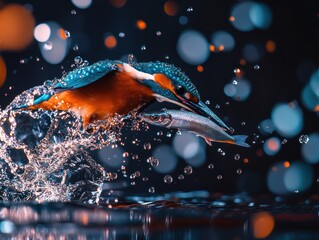 Aufkleber - Kingfisher catching fish, splashes and bokeh background.