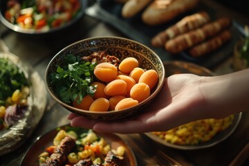 Poster - Person holds bowl of apricots above table with food.