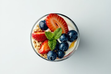 Poster - Top view of fruit parfait with yogurt, strawberries, blueberries, granola, mint in a glass.