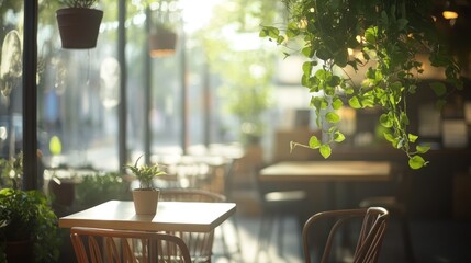 Poster - Cozy cafe with plants, tables, and sunlit window.