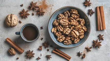 Poster - Top view of walnuts, coffee, cinnamon, and star anise on a textured surface.