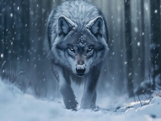 Poster - Wolf walking in snowy forest.