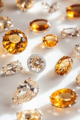 Aufkleber - Amber gemstones arranged on a white surface, some oval and round.