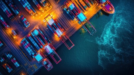 Poster - Top view of port containers, ships, and water at night.