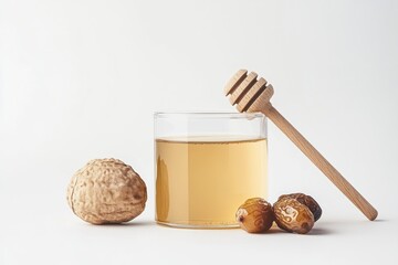 Poster - Honey in glass with dipper, nuts and dates.