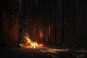 Poster - Fire with sparks against dark wood fence.