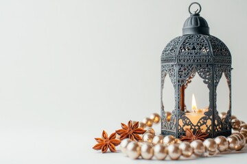 Aufkleber - Lantern, beads, and star anise against white.