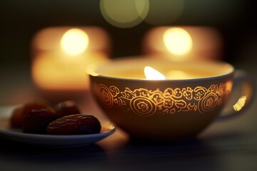 Poster - Lit candle inside a patterned teacup and dates on plate against blurred candle background.