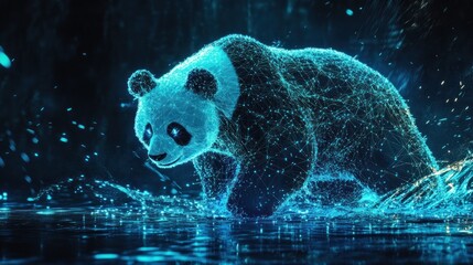 Aufkleber - Glowing panda made of blue dots, wading in reflective water.