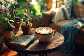 Poster - Coffee art on table, plants, sofa background.