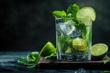 Poster - Refreshing mojito drink with lime and mint, dark table.