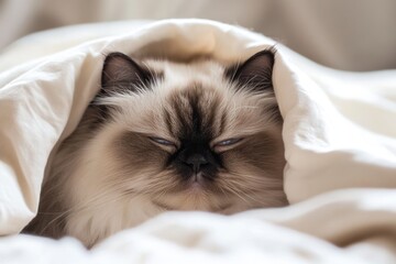 Wall Mural - Fluffy cat under blanket, face closeup.