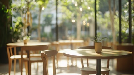 Poster - Blurry indoor seating area with wooden tables, chairs, and potted plant.