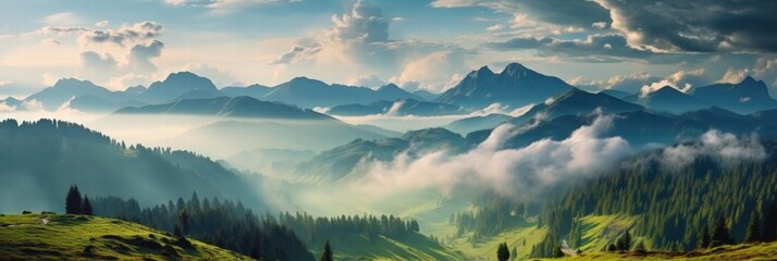 Poster - Breathtaking Panorama of Majestic Mountain Range Overlooking Serene Green Valley with Rolling Clouds and Bright Sky at Dusk