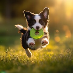 Poster - A running border collie puppy holds a toy in its mouth on grass.