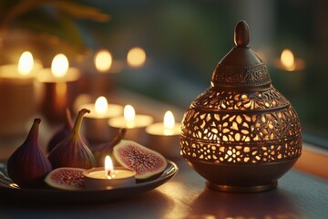 Poster - Lit decorative lantern, figs, and candles on a wooden surface.