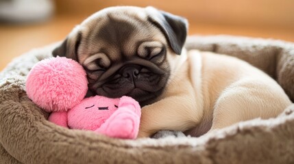 Wall Mural - Sleeping fawn pug puppy with pink toy in soft bed.