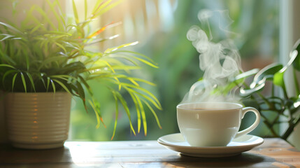 Wall Mural - A white cup of tea with steam