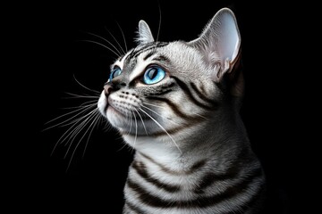 Poster - Gray tabby cat with bright blue eyes looking up on a black background.