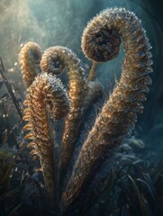 Poster - Fern fronds unfurl with water droplets.