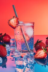 Poster - Refreshing drink with straw, ice and fresh strawberries.
