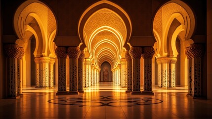 Aufkleber - Ornate arches create a grand golden hall, perspective view.