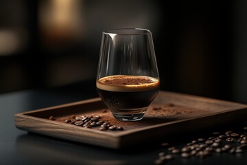 Aufkleber - Glass of espresso on wood tray with scattered coffee beans.