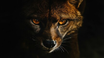 Poster - Close fox portrait with piercing, orange eyes in dark background.