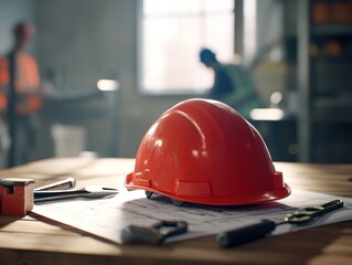 Poster - Construction helmet on blueprint table with workers in background.